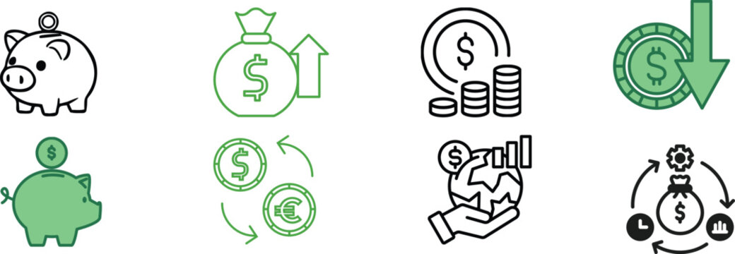 Set of financial and savings icons featuring piggy banks coins and economic growth charts investment business currency moneybag financial exchange increase
