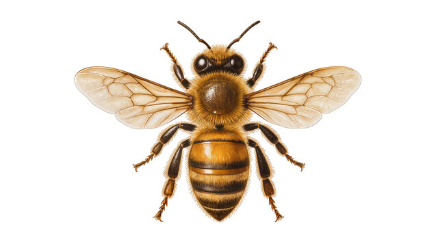 Detailed honey bee with fuzzy body and veined wings, isolated on transparent background