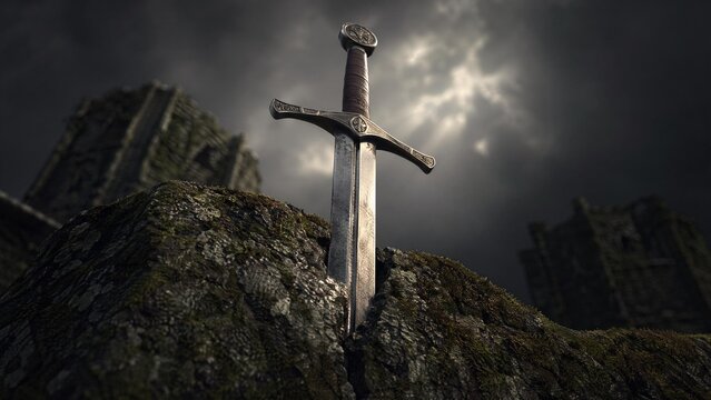 longsword. A medieval longsword thrust into a crack in mossy stone. event programs, museum guides, designed for cultural heritage projects and event programs, supports education.
