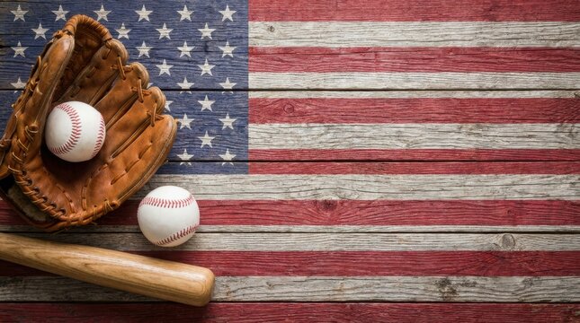 Baseball Equipment on Rustic American Flag Background.