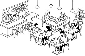 Naklejka premium Architectural Isometric Restaurant Line Drawing