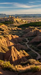 Obraz premium Sunlit Historic Hilltop Town Overlooking Rugged Desert Badlands and Distant Mountains