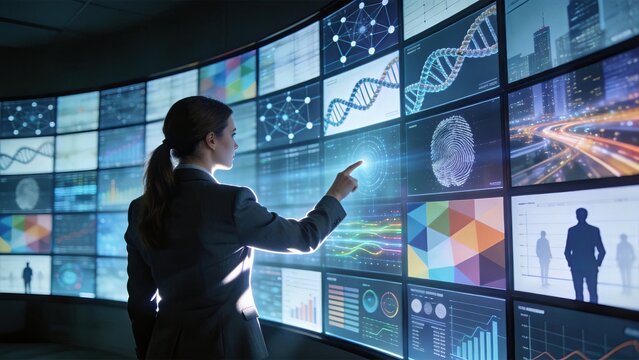 Woman interacting with futuristic digital data wall, big data analytics and AI technology interface, scientific research and global network monitoring system in high-tech control