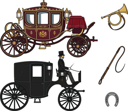 Vintage royal carriage and classic horse coach vector illustration set. Luxury golden trim buggy, black cab with driver, horn, whip, and horseshoe isolated on white background.