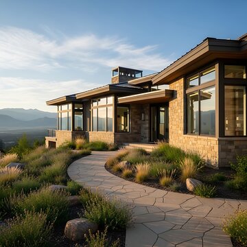 Modern Stone Luxury Home Overlooking Mountain Landscape at Sunset
