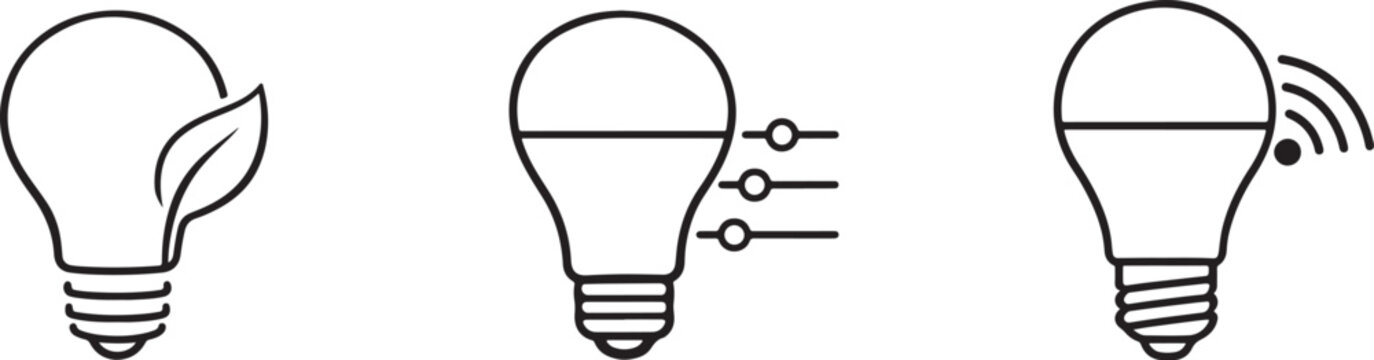 Smart LED light line icon set with modern lighting, home automation and energy saving symbols.