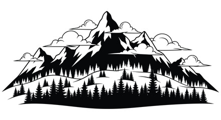 Obraz premium Mountain Range Silhouette With Forest And Clouds Black And White