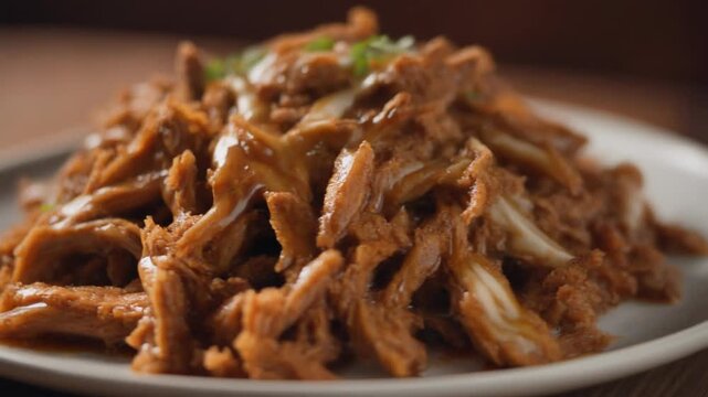 Close-up of slow-cooked pulled pork with savory gravy and herbs.