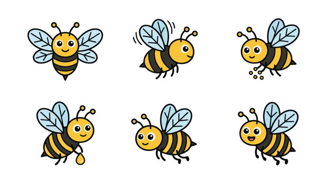 Cute cartoon honey bee character set.