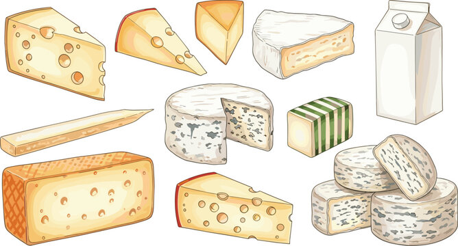 Assorted gourmet cheese varieties vector illustration set with milk carton brie swiss blue cheese wheel and parmigiano wedges for restaurant menus.
