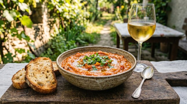 Traditional Romanian zacusca vegetable spread in ceramic bowl with fresh basil and rustic bread