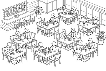 Fototapeta premium Isometric Restaurant Table Seating Line Drawing