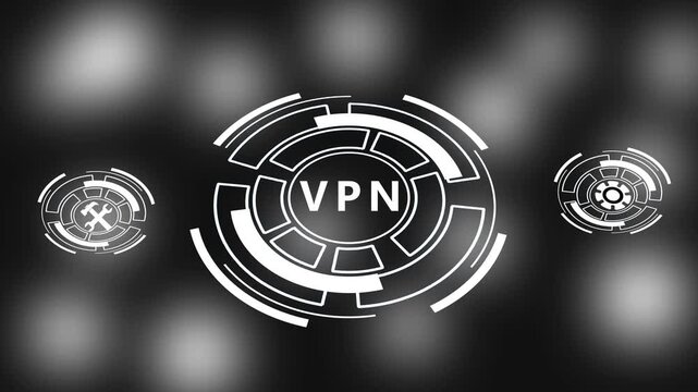 Futuristic VPN Interface Screen with Digital Security Icons.