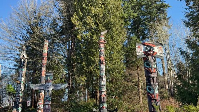 Indigenous totem poles at Brockton Point in Stanley Park Vancouver