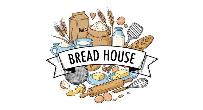 Detailed hand-drawn logo for Bread House showcases various baking ingredients, flour, milk, eggs, and traditional kitchen utensils.