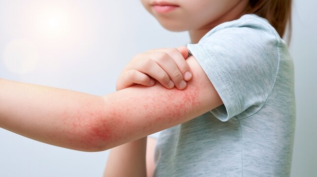Child's hand scratching an itchy, red inflammation on arm, indicating eczema or dermatitis. Focus on skin health
