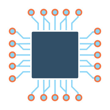 Stylized processor chip icon with symmetrical circuit traces and circular contact pads on white, a modern technology concept