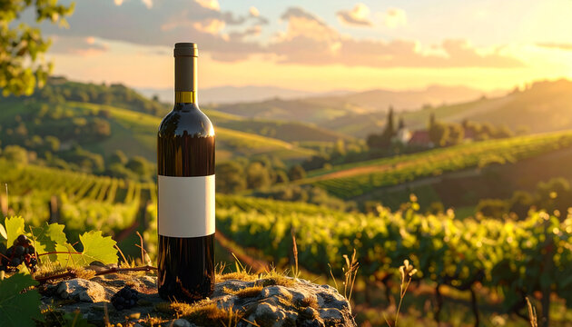 Wine Bottle in Vineyard at Sunset