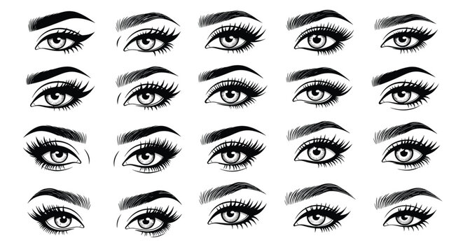 Beautiful sketch collection of female eyes highlights dramatic long eyelashes and perfectly shaped eyebrows in varied styles.