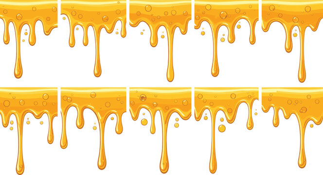 Golden honey liquid drip borders with bubbles and sweet sticky syrup drops vector illustration set for bakery dessert menu graphic design.
