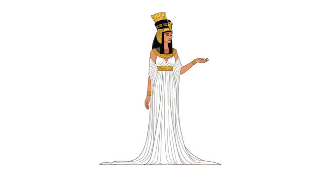 Beautiful illustration of an ancient Egyptian queen in a long white dress, golden headpiece, and traditional jewelry.