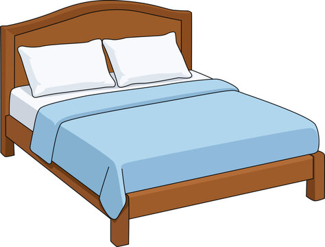 Comfortable Wooden Double Bed with Blue Bedding Cartoon Vector Illustration