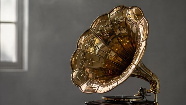 spindle. Vintage gramophone brass horn reflecting scattered light. tutorial guides, club newsletters, designed for sports & leisure club marketing, used by financial analysts.
