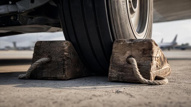 chocks. Weathered wooden wheel chocks wedged against an aircraft tire on tarmac. mobility guides, transit brochures, designed for mobility and urban transit guides, used by supply chain planners.