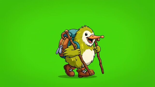 Animated penguin character with backpack walking with a stick on a green screen background during daytime