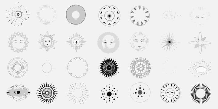 Celestial Sun And Moon Face Collection Vector Illustration Grid