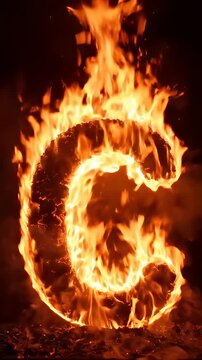 Flaming Letter C Isolated on Black Background - A dynamic letter C is engulfed in vibrant, glowing flames, creating a fiery and intense visual.