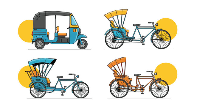Asian cycle and auto rickshaw transport vehicles isolated illustration set representing traditional city transit.