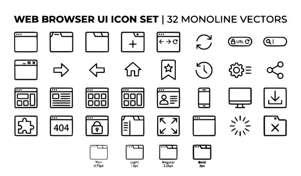Web Browser Window Icon Set UI Interface Stroke Weight Vector Collection