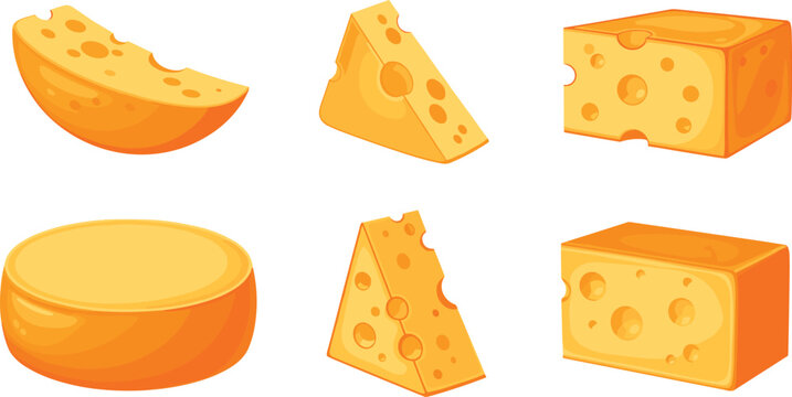 Gourmet cheese wheel blocks and wedges vector illustration set with orange cheddar and swiss dairy products for food graphic design.