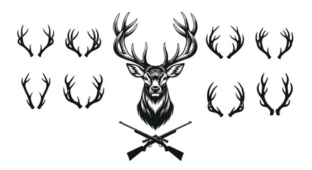 Fototapeta premium Hunting club emblem featuring a majestic stag head with large antlers, crossed rifles, and antler options.