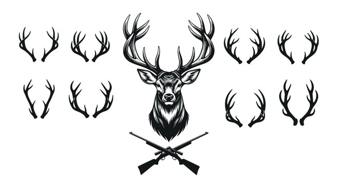 Hunting club emblem featuring a majestic stag head with large antlers, crossed rifles, and antler options.