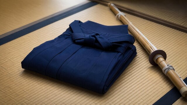 hakama. A neatly folded deep blue hakama and bamboo sword on tatami mat flooring. event programs, museum guides, designed for cultural heritage projects and event programs, supports education.