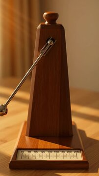 Wooden metronome swinging its pendulum to keep a steady tempo, representing the relentless and inexorable passage of time, rhythm, and musical precision in a sunlit room