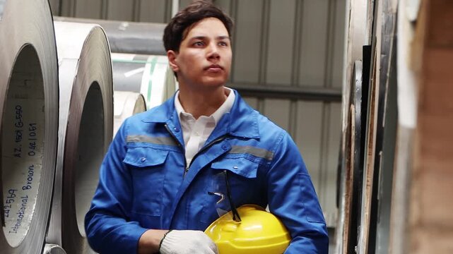 Portrait of male worker with safety clothing walks to inspect large metal tubes in industrial site. Engineer staff working at manufacturing factory, wearing a helmet while checking product quality.