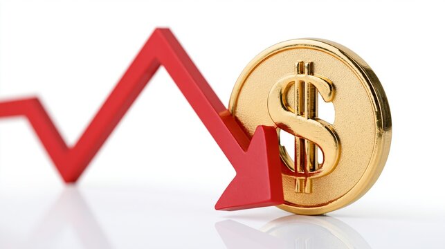 Golden dollar symbol experiencing financial decline with a red zigzag arrow chart pointing down, economic crisis concept
