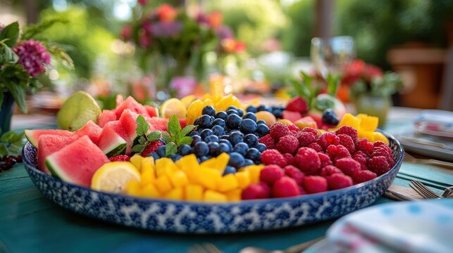 A platter filled with fresh fruit, including watermelon, blueberries, raspberries, peaches, and lemons, arranged on a blue and white patterned plate.
