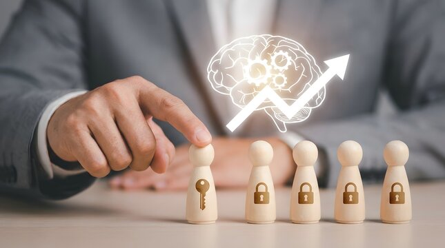 Businessman selects key figure from locked figures with brain graphic