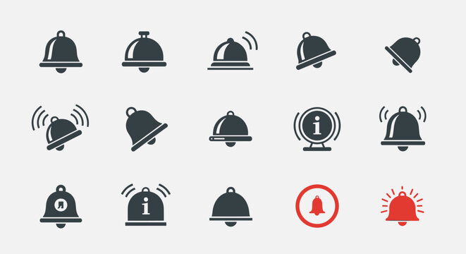 Set of notification bell icons in different styles and colors for user interface, mobile application, and website.