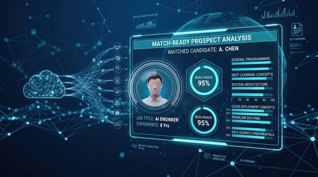 Match ready prospect analysis dashboard, AI engineer candidate profile with skills match percentage, recruitment hiring process and talent acquisition data visualization graphic