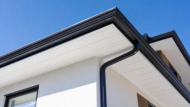 soffit. Clean white soffit board under eaves contrasting with dark rain gutter. real-estate listings, architecture portfolios, designed for real-estate listing and luxury residence showcases.