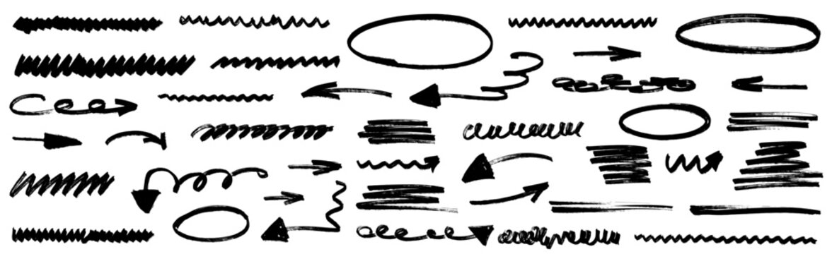 Hand drawn pen and pencil sketches glow with marker highlight. Arrows trace bold lines and strokes across the page, while underlines bring drawn emphasis to every shape.