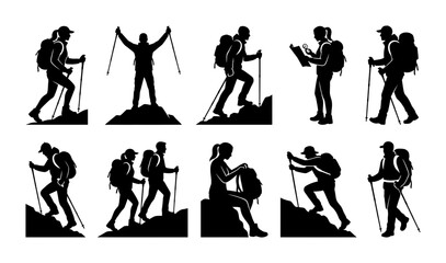 Fototapeta premium Collection of Black Hiking and Mountaineering Silhouettes Featuring People Trekking with Backpacks and Walking Poles on Mountain Trails