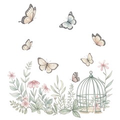 Obraz premium Elegant floral and butterfly illustration set with botanical elements.