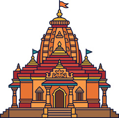 Obraz premium Ornate Hindu mandir building vector illustration with traditional architecture and flags