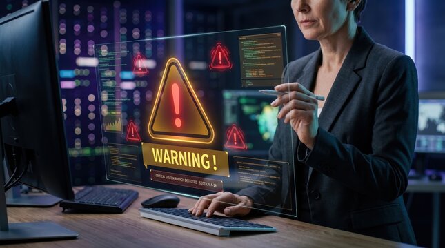 Professional woman analyst monitoring cyber security warning alert on transparent screen in server room, data protection and network threat detection concept